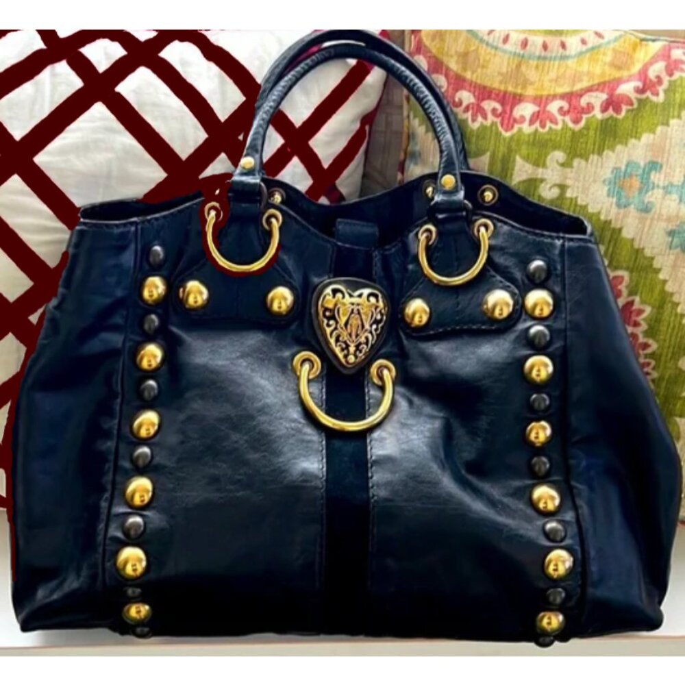 GUCCI Black Leather Studded Babouska Tote Handbag
